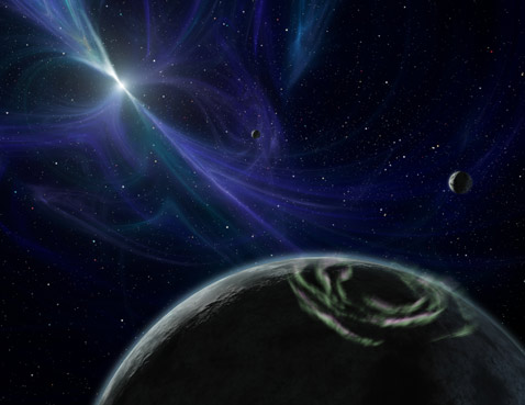 ������� PSR B1257+12 � ������� PSR B1257+12 C � � ����� ����� 3,9 ������ ����. ��� ���� �������� ������� �� ����� � ����� �� ��������� ��������������� ������ (����������� NASA/JPL-Caltech/R. Hurt, SSC).