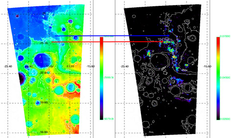 ����� ����������� ���������� ������� Marwth Vallis �� "������" (��� ������ � ��������� ����������) ������������� �������� Mars Global Surveyor. ������: ��� �� ������� � ����������� "�����������" ������, � ������� OMEGA �������� Mars Express. ��������� �������� ���������� ������� �� �� ��� ������ (����� �������), ��� ����� ���� �� �������, �� � ����������� ��� ������� � �������� ��������� ����� (������� �������) (����������� IAS/OMEGA/ESA).
